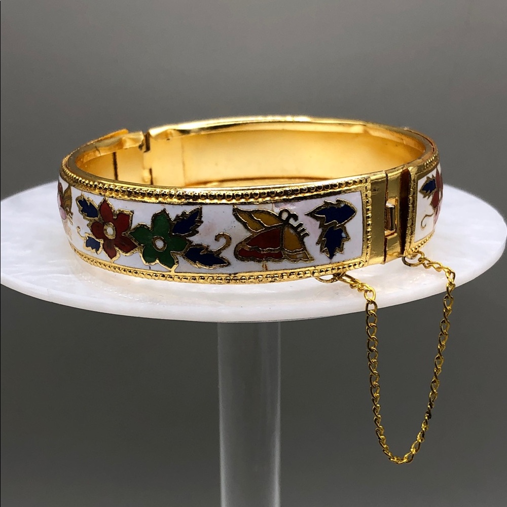 Vintage cloisonne ename flower butterfly hinge bangle bracelet safety chain 7.